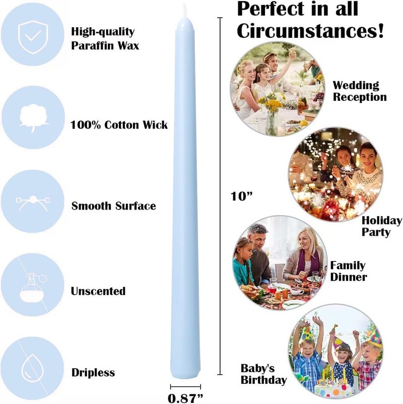 Sihuida 12-Pack Ice Blue Taper Candles, 10 Inch Unscented Dripless Candlesticks, Long-Lasting Burn Time of 7-8 Hours, Perfect for Home Décor Weddings Babyshower and Events - Image 5
